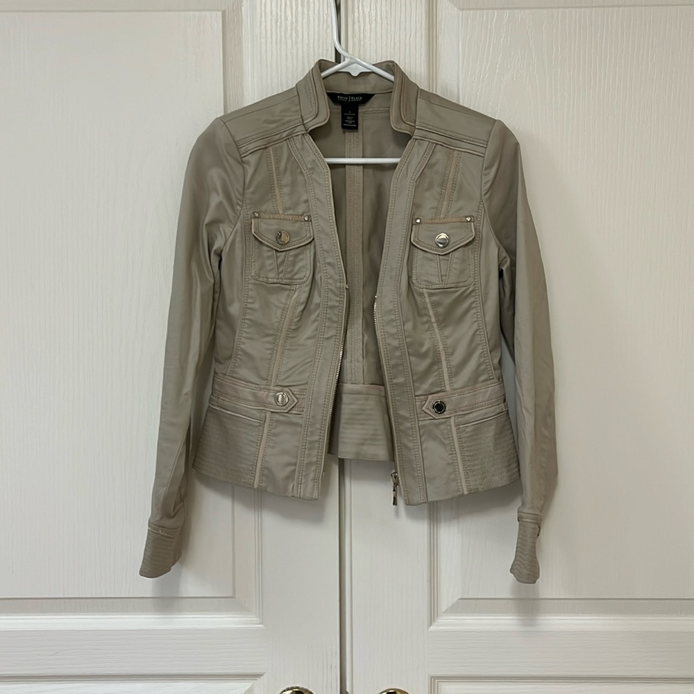 Tan White House Black Market peplum jacket with gold buttons and zipper